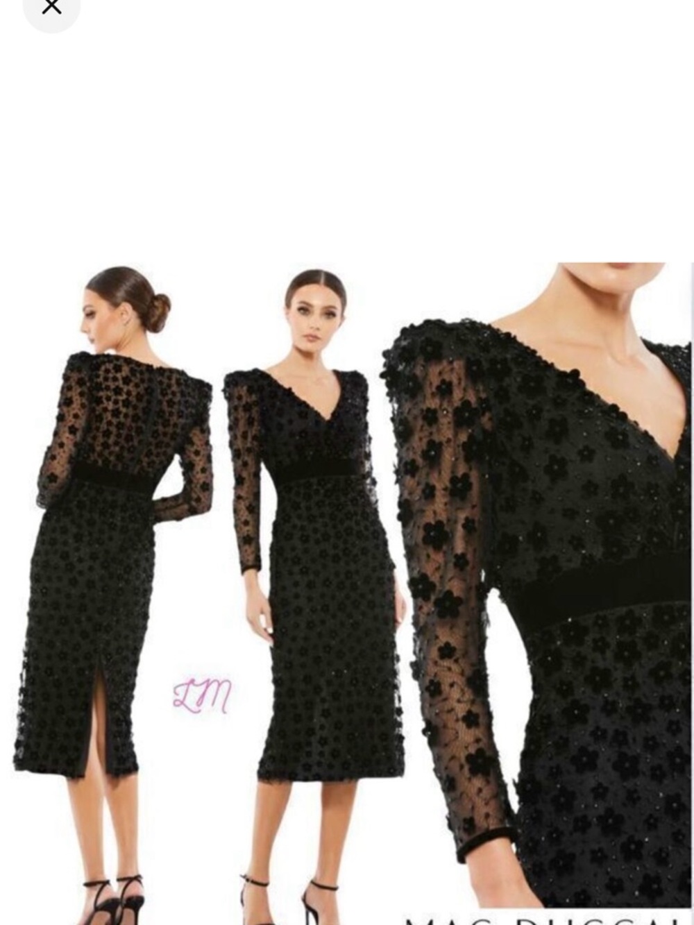 Mac Duggal Black Floral Appliqué Midi Dress